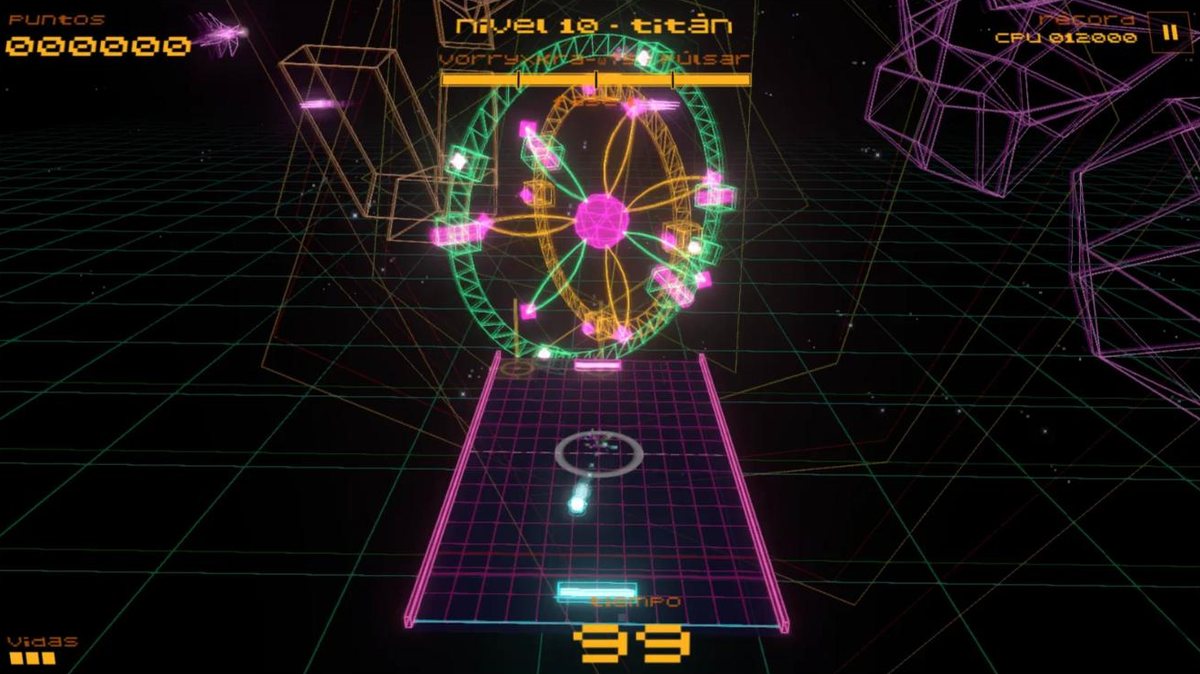 Captura de Asteroid Pong: Beatwave Edition: el titán Púlsar, un anillo verde y naranja con núcleo rosa, frente a la cancha violeta en el nivel 10.