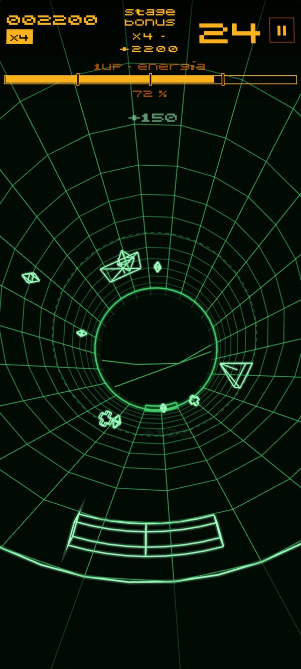 Captura vertical de Asteroid Pong: Beatwave Edition: un túnel de alambre verde con un anillo central y una paleta verde abajo.