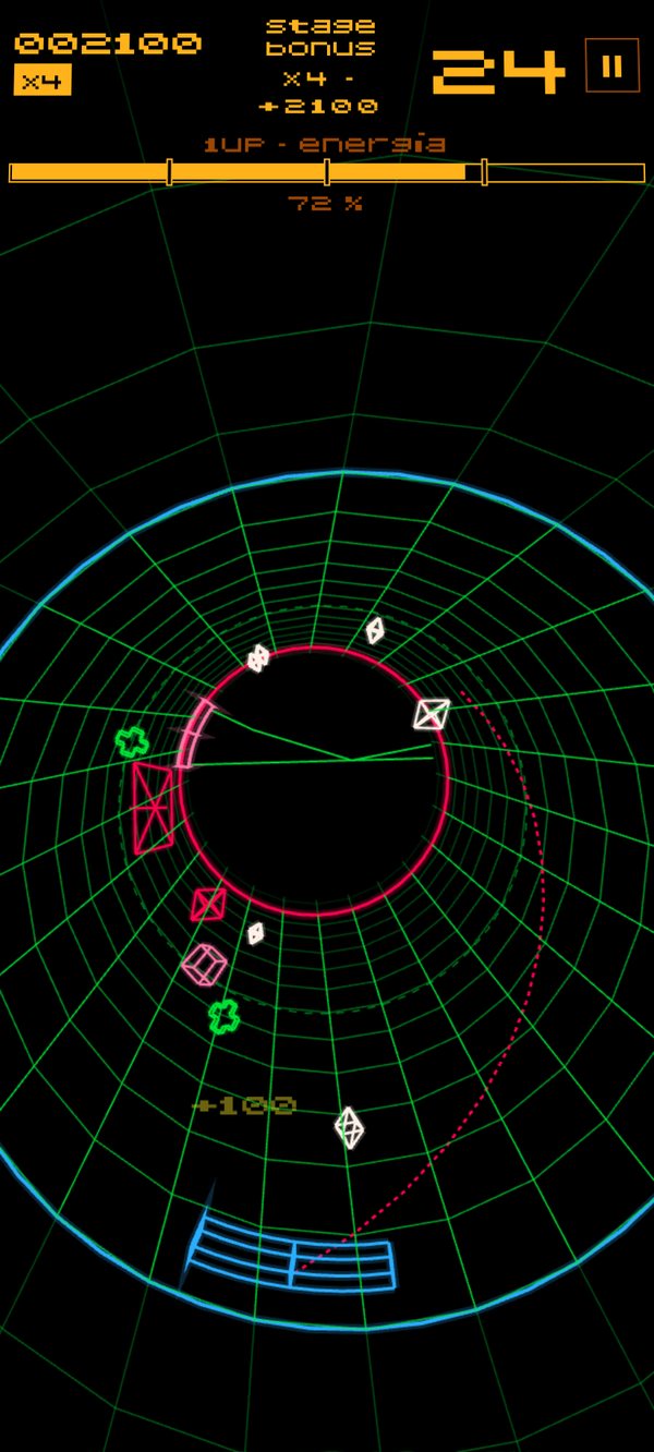 Captura vertical de Asteroid Pong: Beatwave Edition en rojo y azul: un anillo rojo en el centro del túnel y una paleta azul abajo.