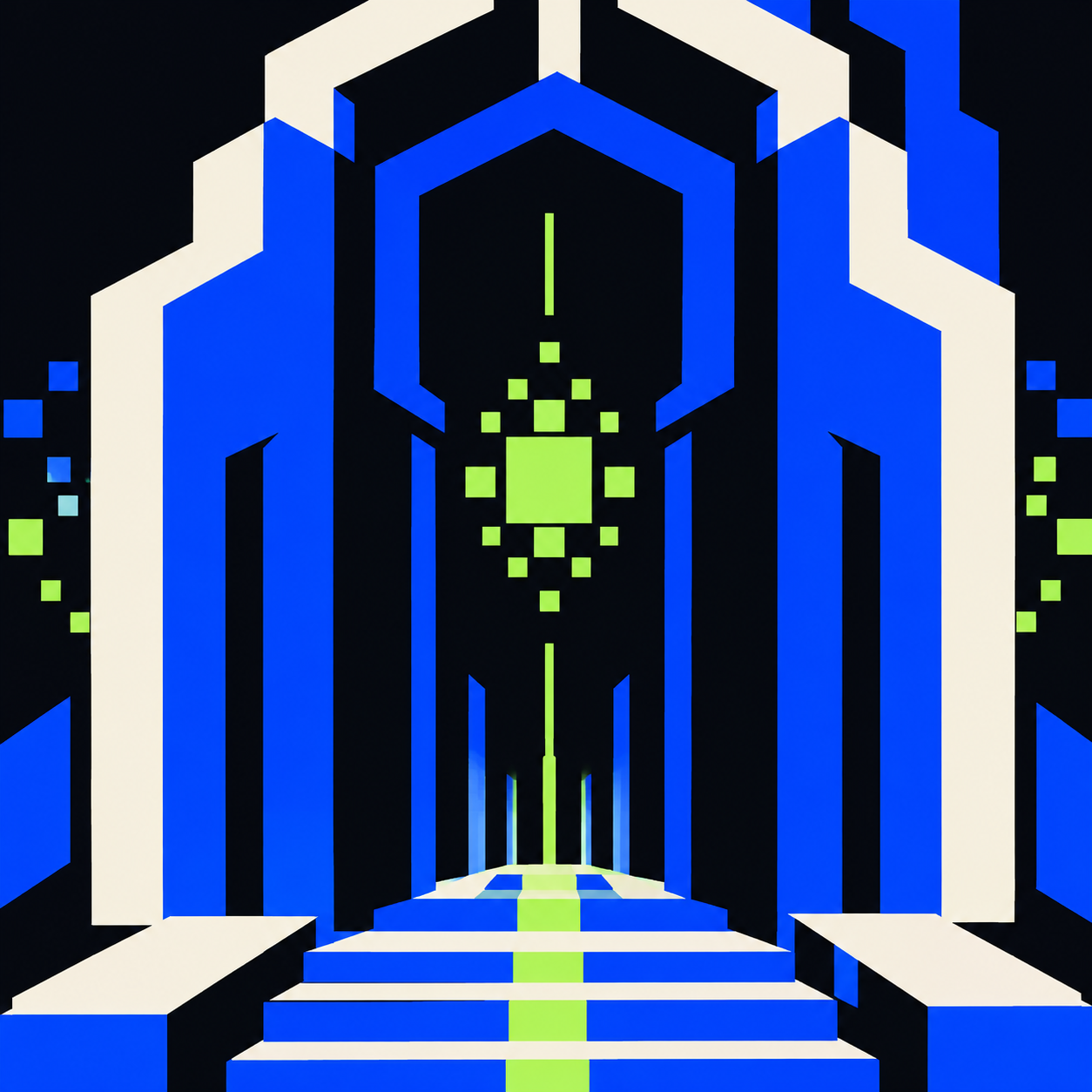 Abstract monolithic portal with vertical columns, like the entrance to a palace, evoking a brand's passage toward change.
